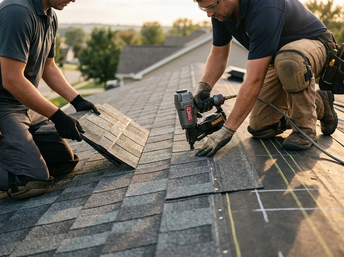 Professional roofer working on a residential roof in Aloha